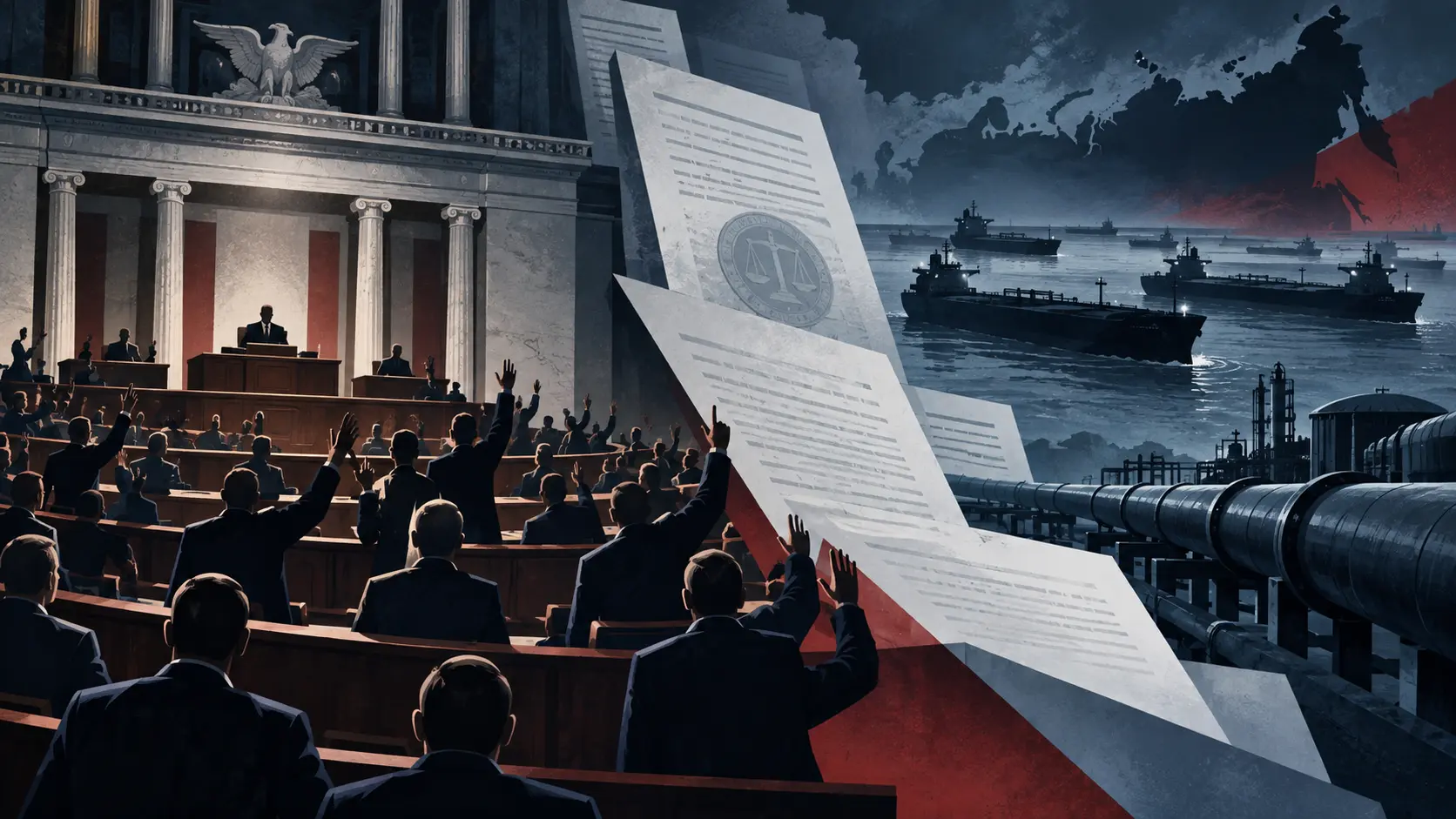 Illustration éditoriale d’un hémicycle américain, de documents juridiques et de pétroliers symbolisant les sanctions énergétiques