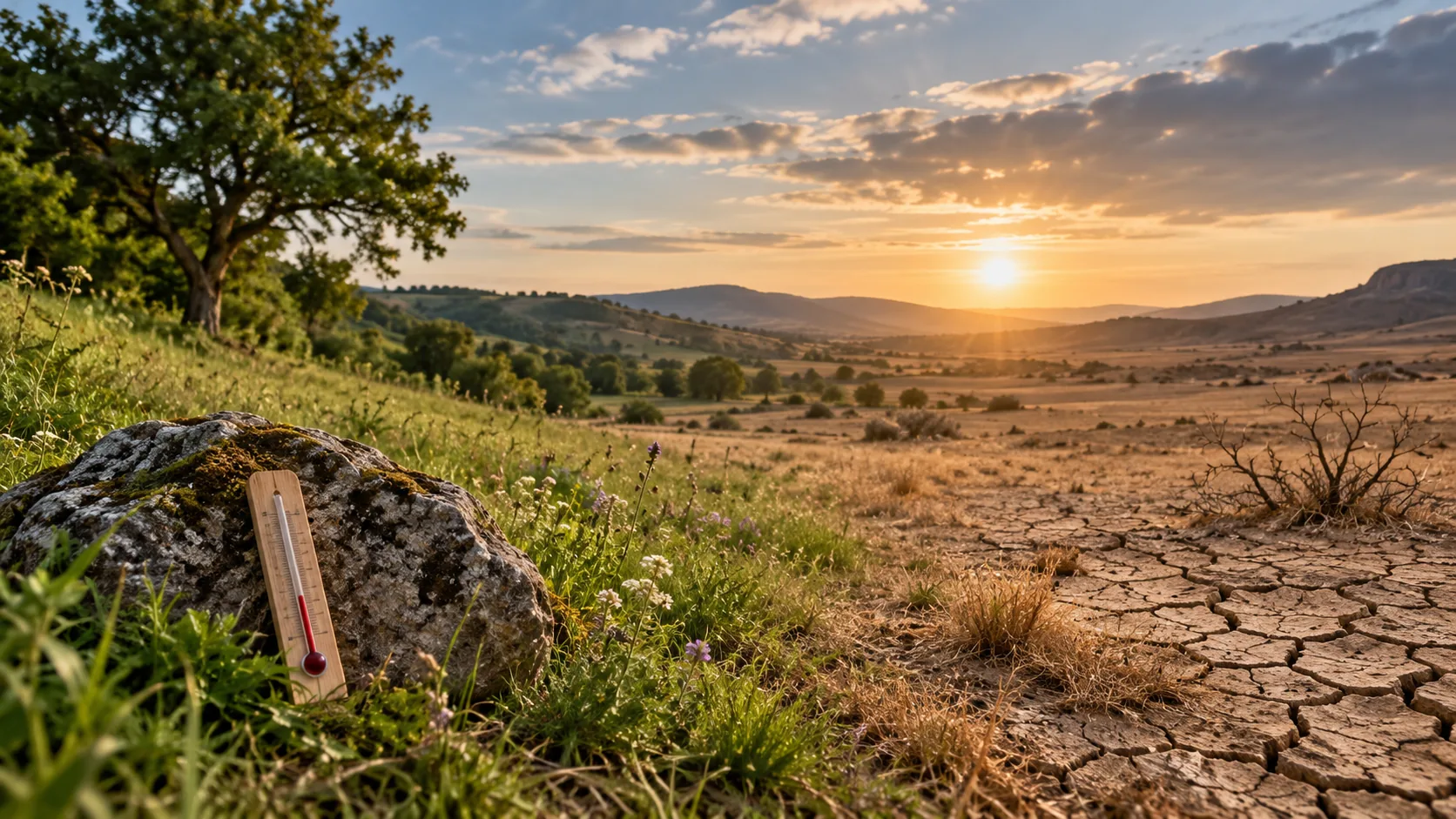 Illustration générée par IA : paysage symbolique mêlant végétation et sol sec, avec un thermomètre sans valeur lisible