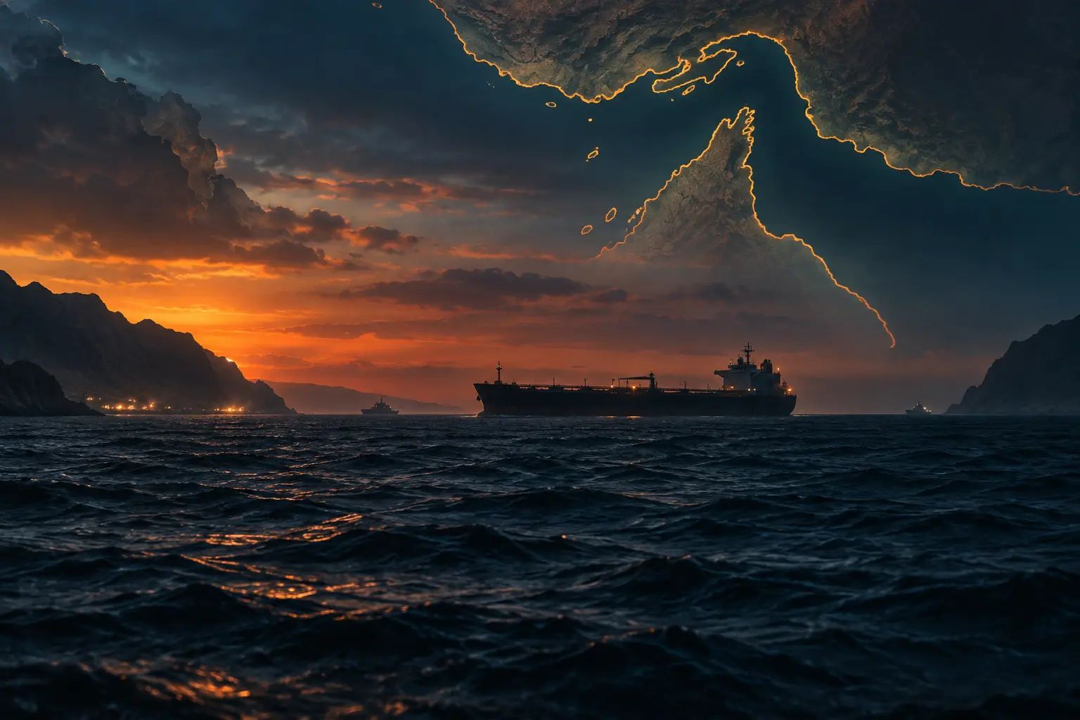 Illustration éditoriale d’un pétrolier dans le détroit d’Ormuz au crépuscule