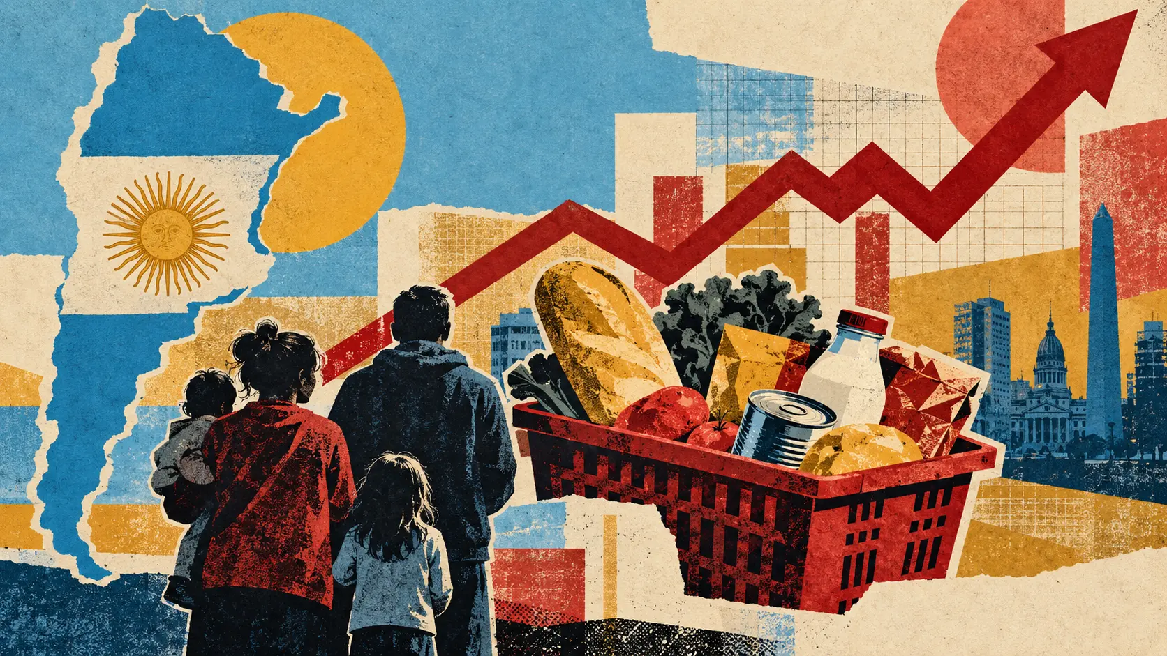 Illustration IA d’une famille, d’un panier alimentaire et d’une courbe montante devant la carte argentine