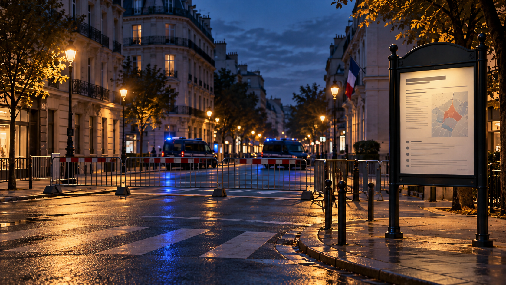 Illustration IA d’une rue française barrée de nuit pour symboliser des couvre-feux localisés