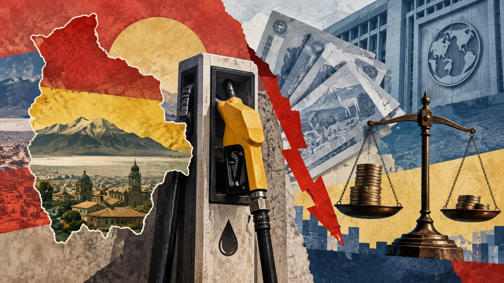 Illustration IA de la Bolivie, d’une pompe diesel et d’une balance budgétaire