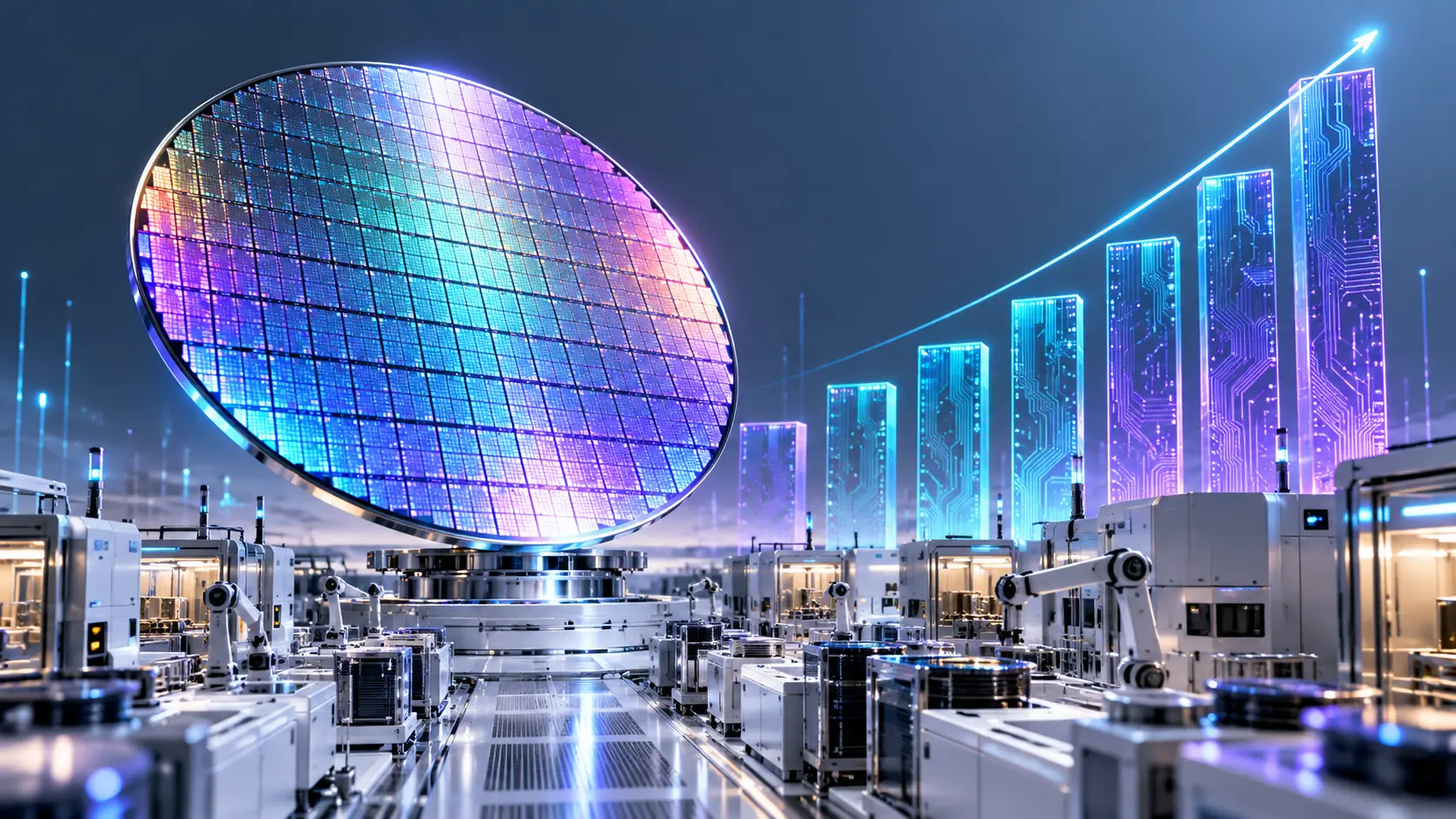 Illustration IA d’une grande tranche de silicium lumineuse au-dessus d’une usine de semi-conducteurs