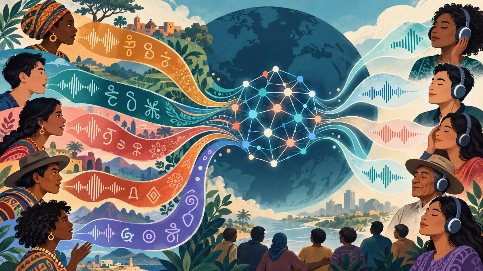 Illustration éditoriale de voix et de langues diverses circulant vers un réseau d’intelligence artificielle ouvert