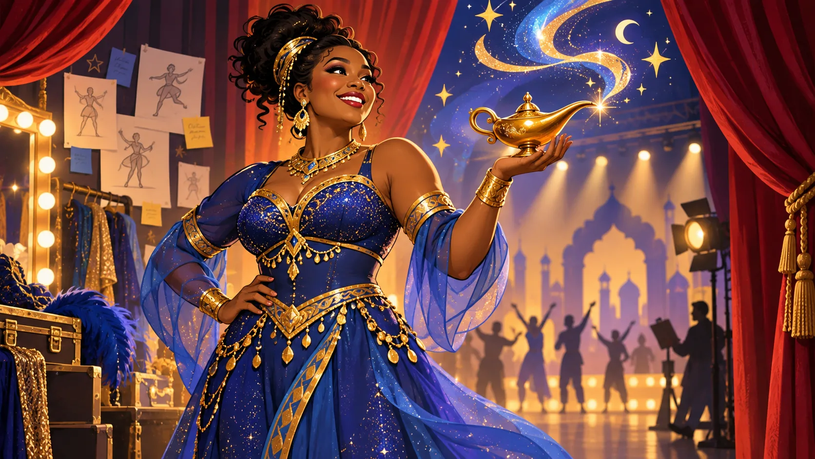 Illustration éditoriale générée par IA : interprète noire générique, lampe magique et rideaux d’un théâtre de Broadway.