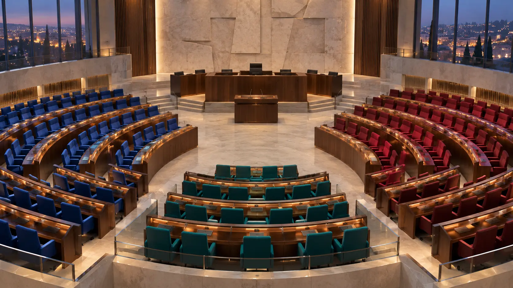 Illustration IA d’un hémicycle vide divisé en trois groupes de sièges, symbolisant l’absence de majorité en Israël