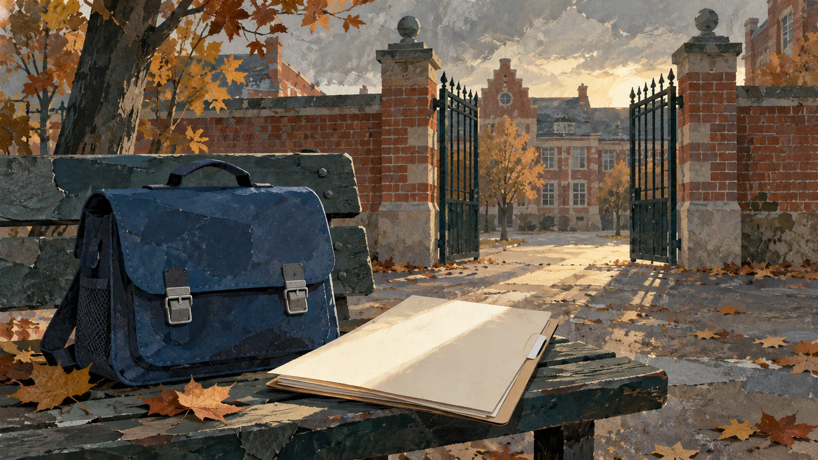 Illustration IA symbolique : un cartable et un dossier devant un établissement imaginaire.