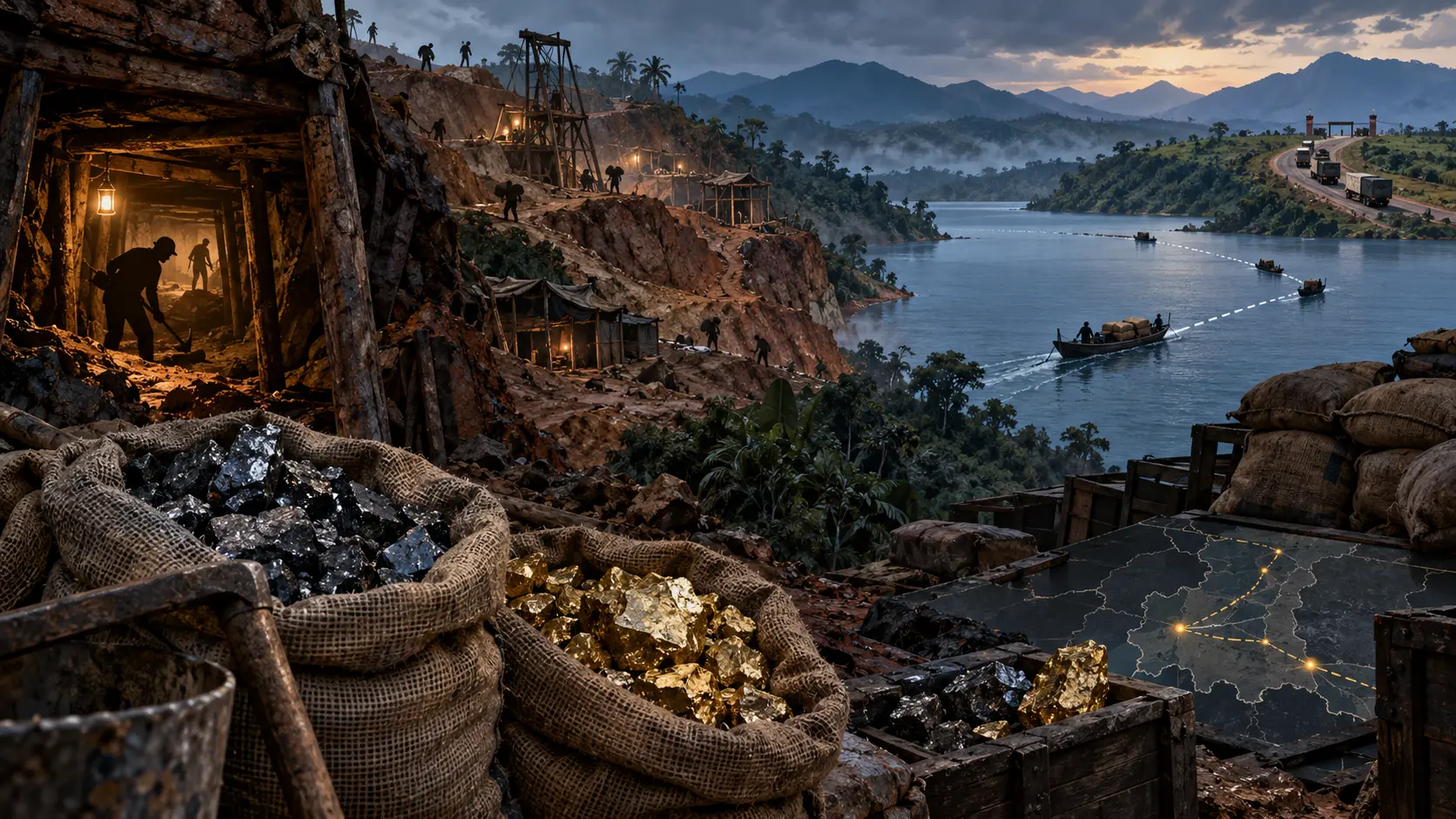 Illustration éditoriale d’une mine artisanale de coltan et d’or au bord d’un lac, avec un trajet logistique stylisé