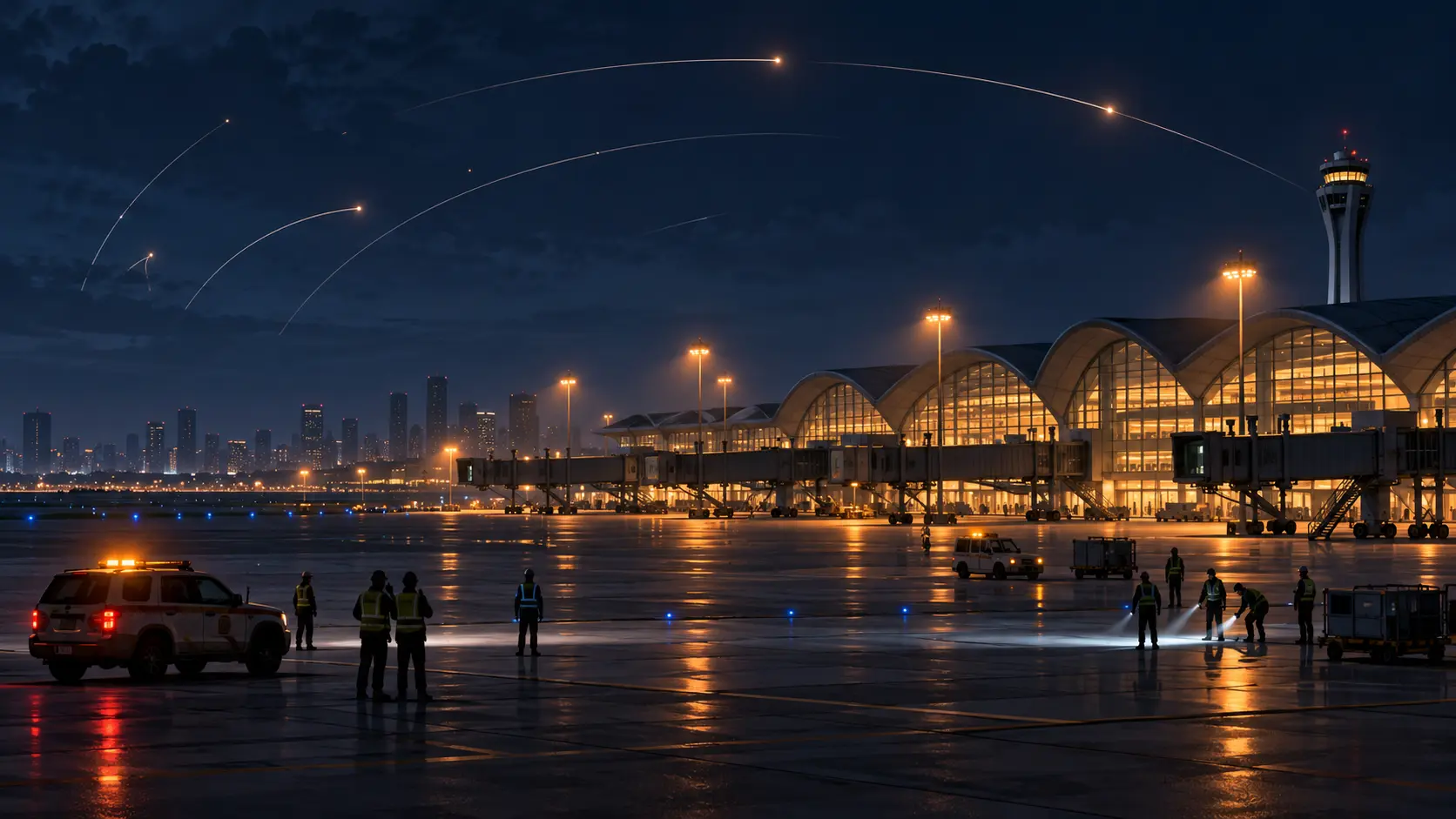 Illustration IA d’un aéroport du Golfe fermé, inspecté de nuit sous des arcs de défense aérienne abstraits