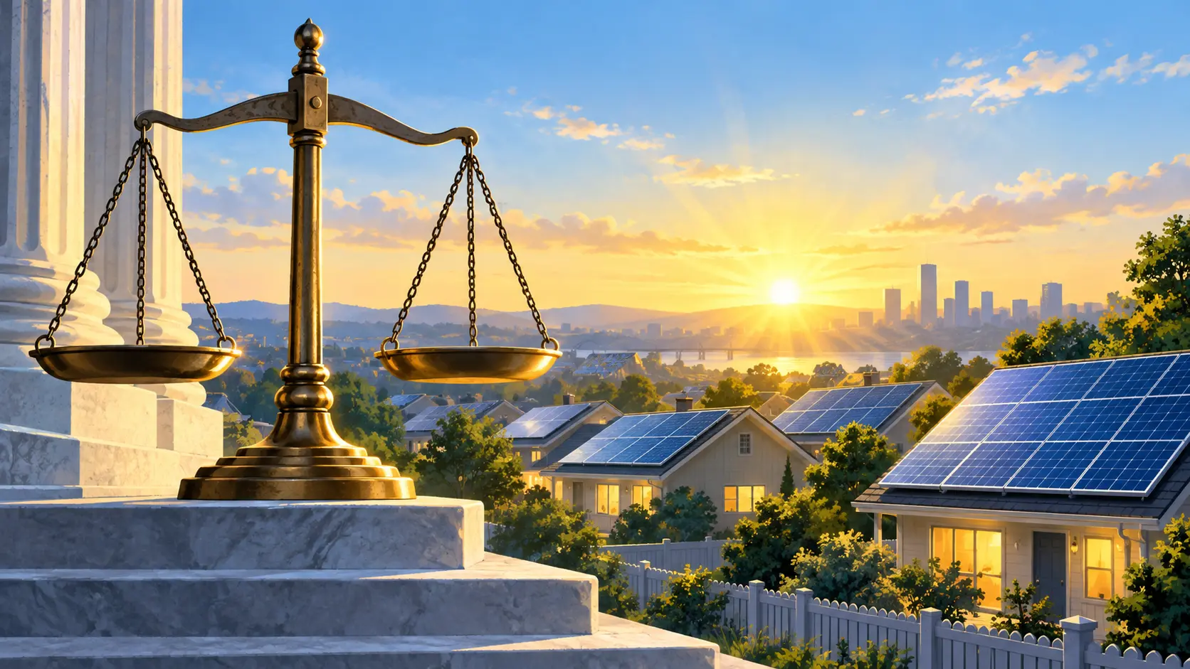 Illustration IA d'une balance de justice dominant des maisons équipées de panneaux solaires