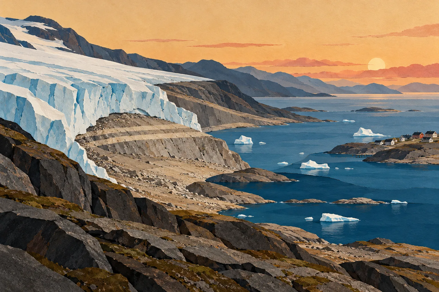 Illustration IA : glacier en retrait, roches mises à nu et village côtier imaginaire.