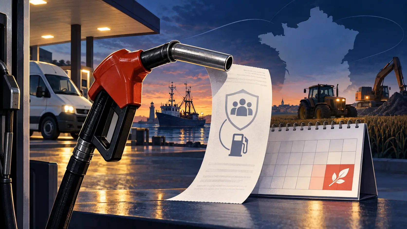 Illustration éditoriale montrant un pistolet de pompe à carburant entouré d’un bateau de pêche, d’un tracteur et d’un engin de chantier