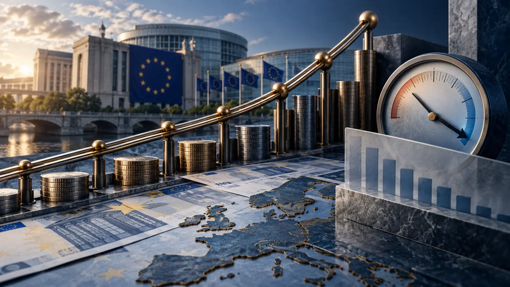 Illustration IA de courbes obligataires montantes et d’un indicateur d’inflation descendant devant des symboles européens