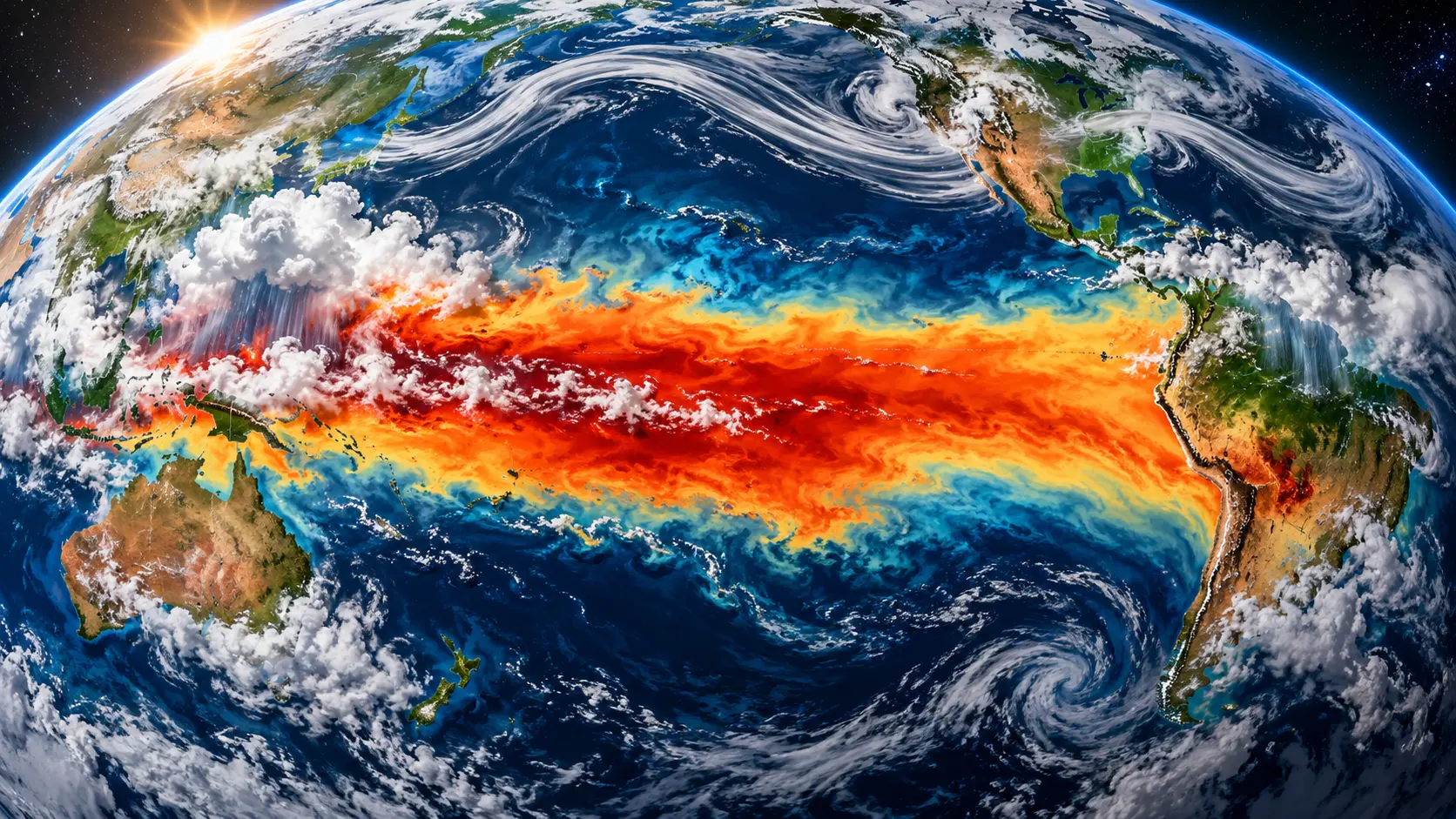 Illustration IA scientifique de la bande chaude d’El Niño traversant le Pacifique tropical