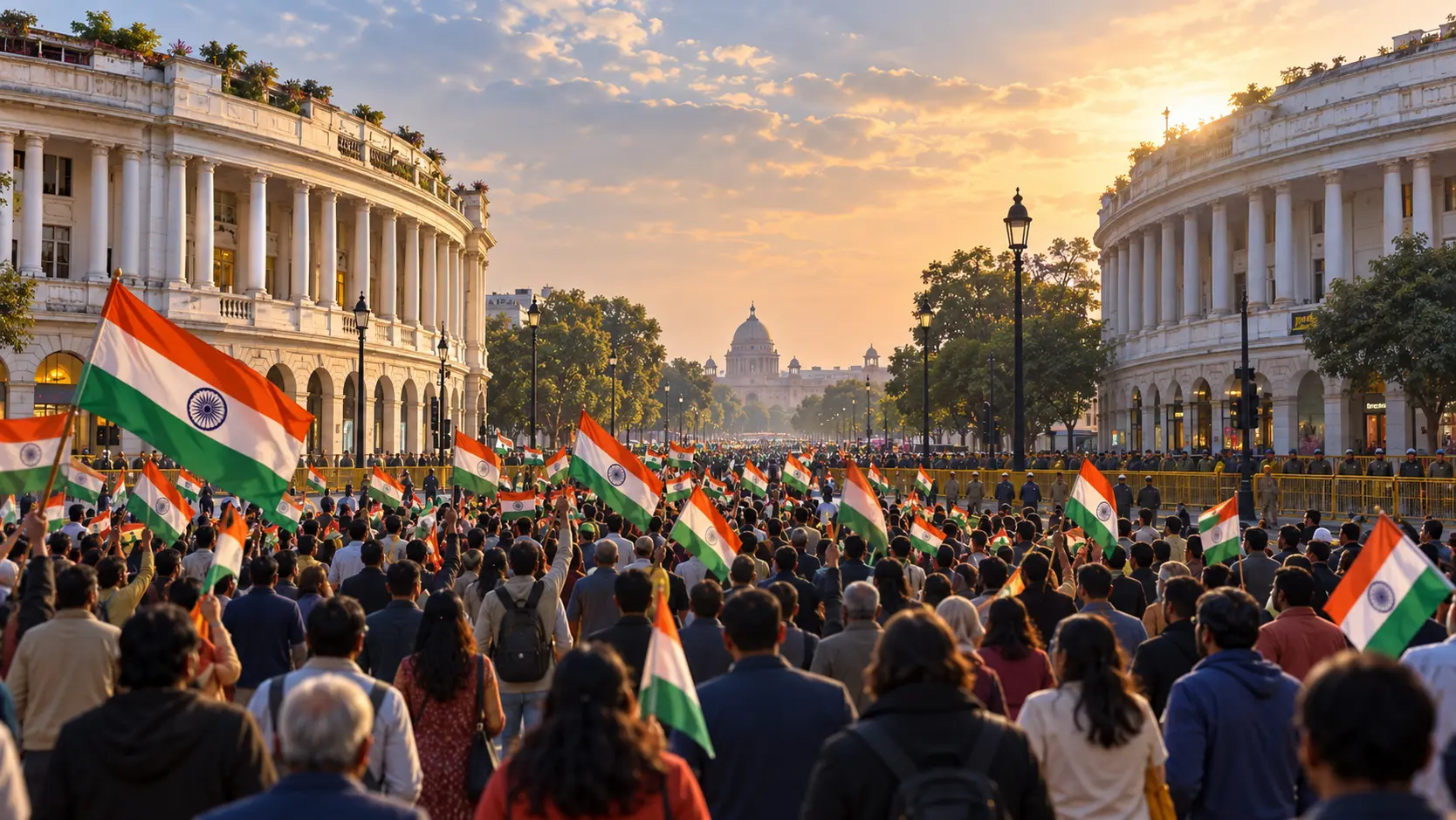 Illustration éditoriale d’une foule anonyme agitant des drapeaux indiens dans les colonnades de New Delhi