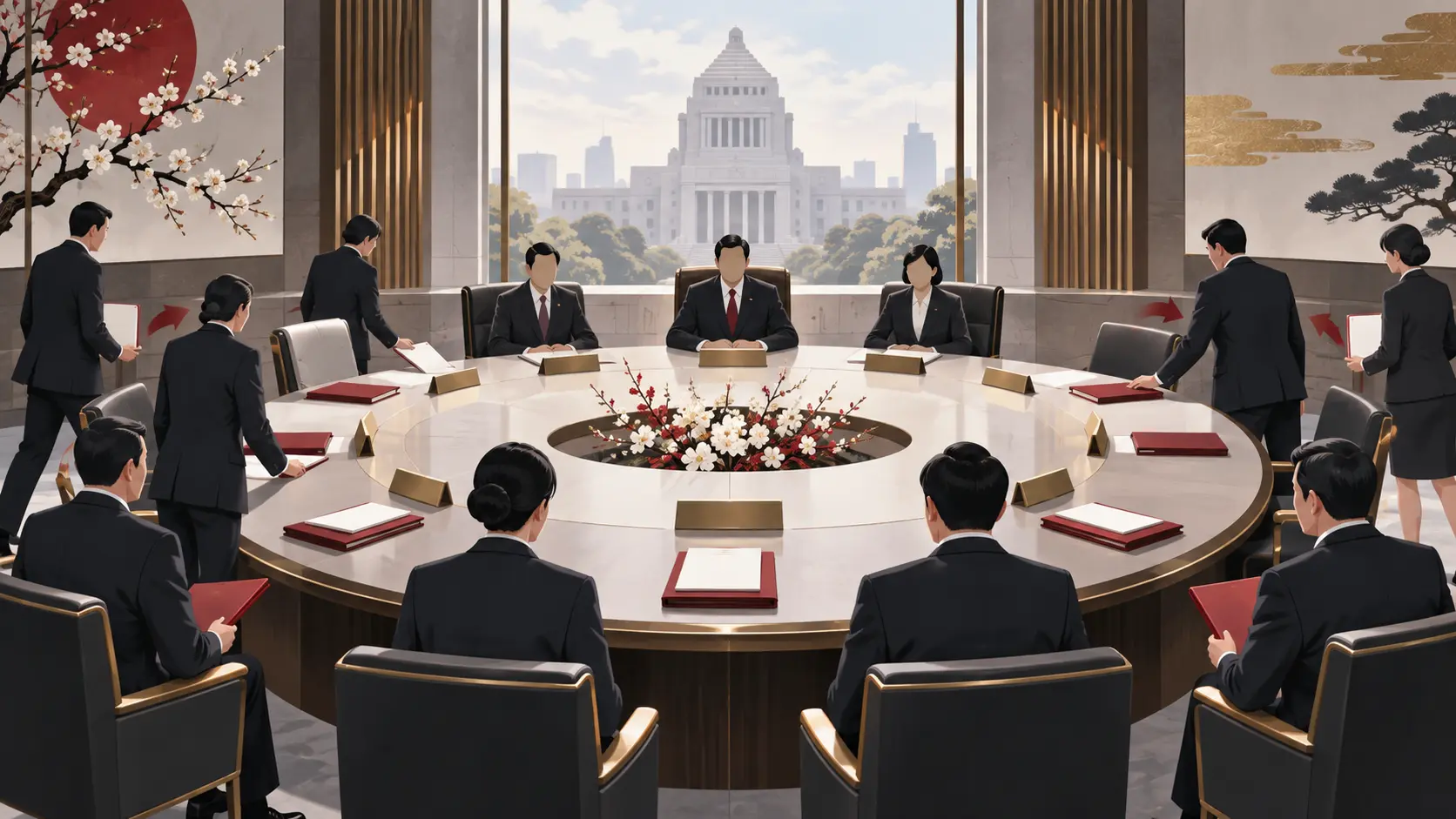 Illustration éditoriale d’un conseil des ministres japonais renouvelé autour d’une grande table, devant la Diète