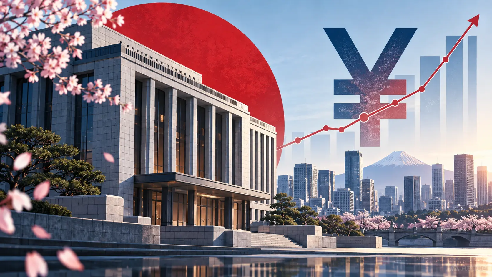 Illustration éditoriale de la Banque du Japon, d'un yen stylisé et d'un graphique de taux orienté à la hausse.