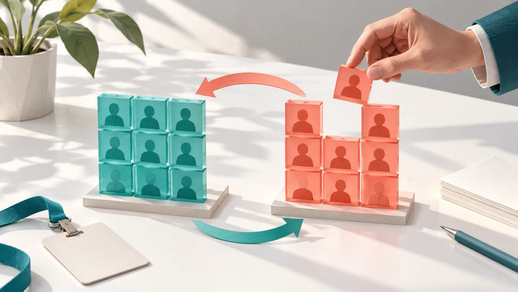 Illustration IA : une main déplace un cube entre deux groupes de silhouettes, évocation de l’actionnariat salarié.