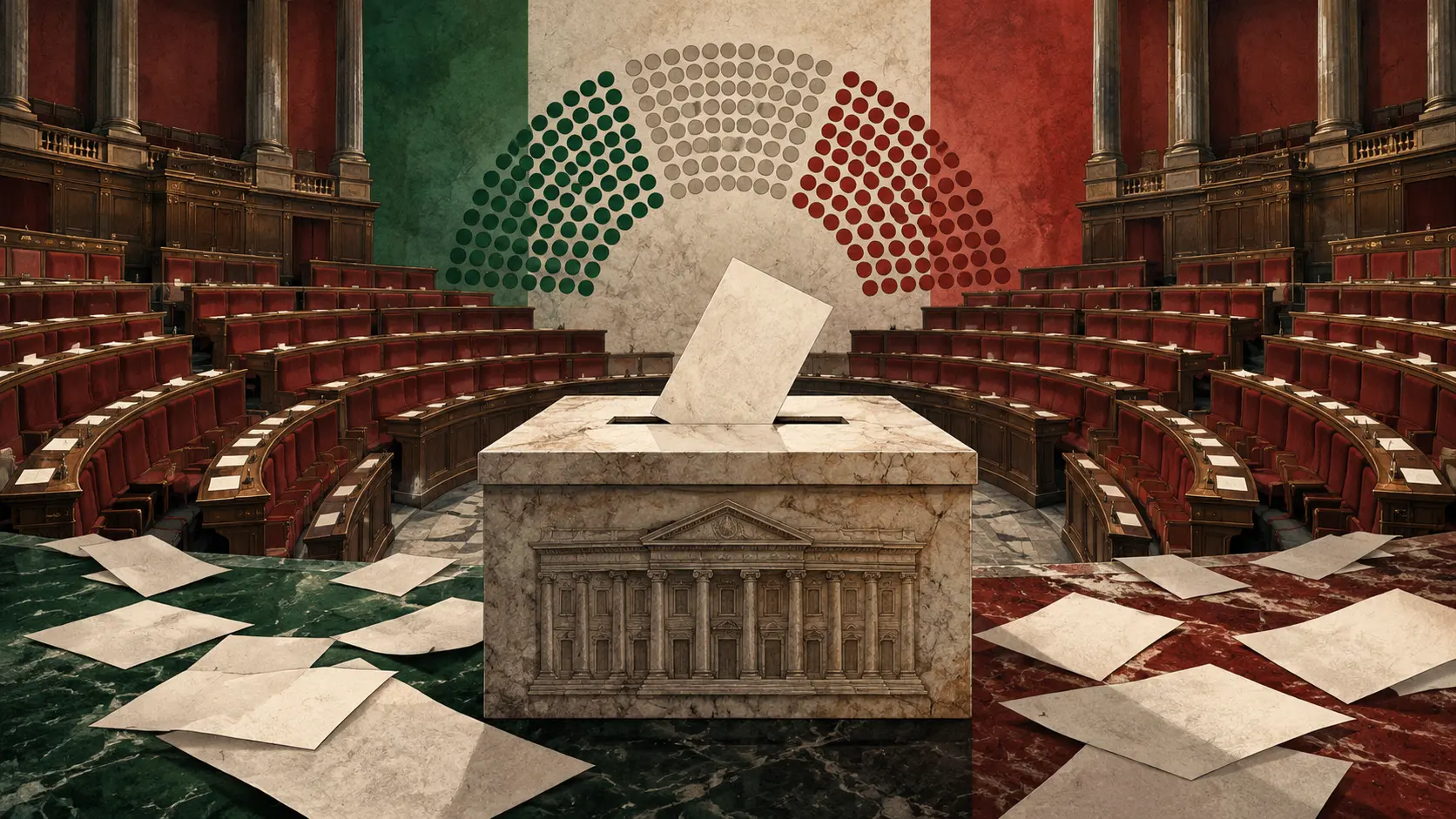 Illustration IA d’un hémicycle italien stylisé avec une urne et des sièges en répartition proportionnelle