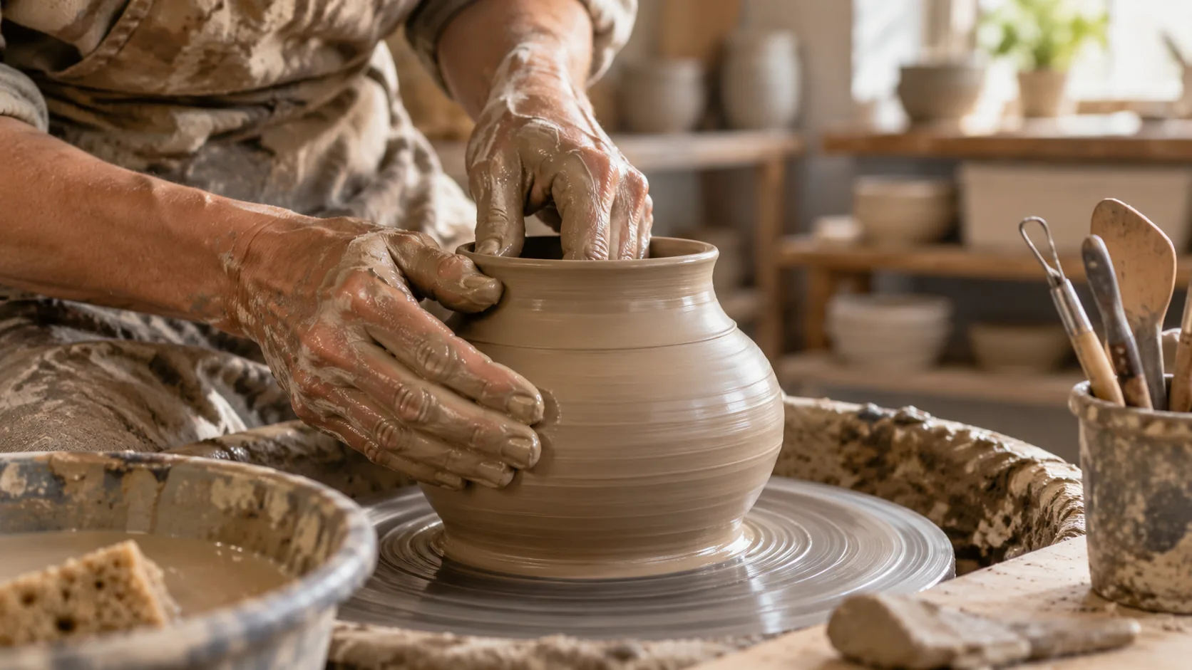 Illustration générée par IA : mains d’un artisan anonyme façonnant une poterie dans un atelier