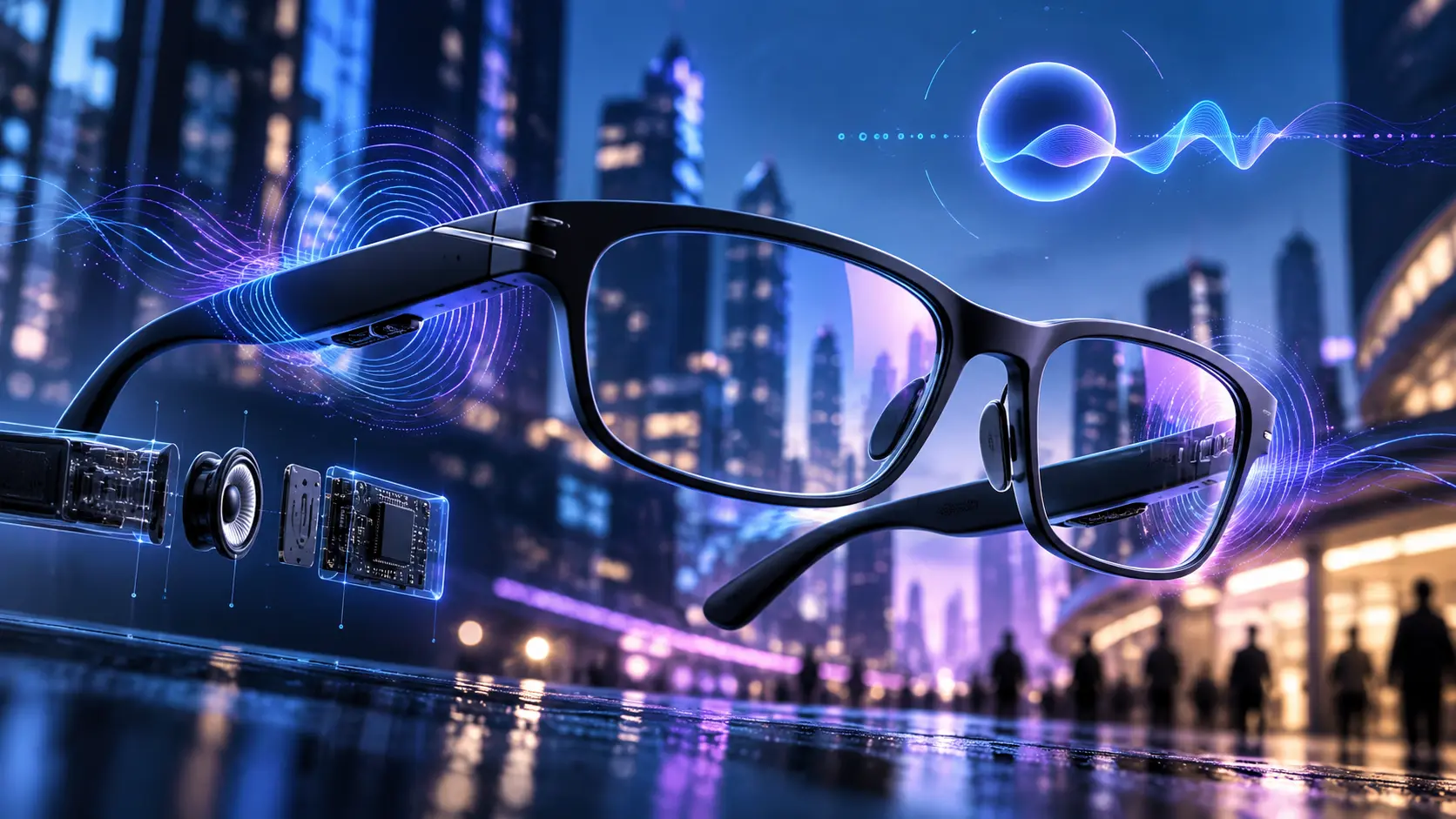Illustration de lunettes connectées diffusant des ondes audio, sans caméra visible
