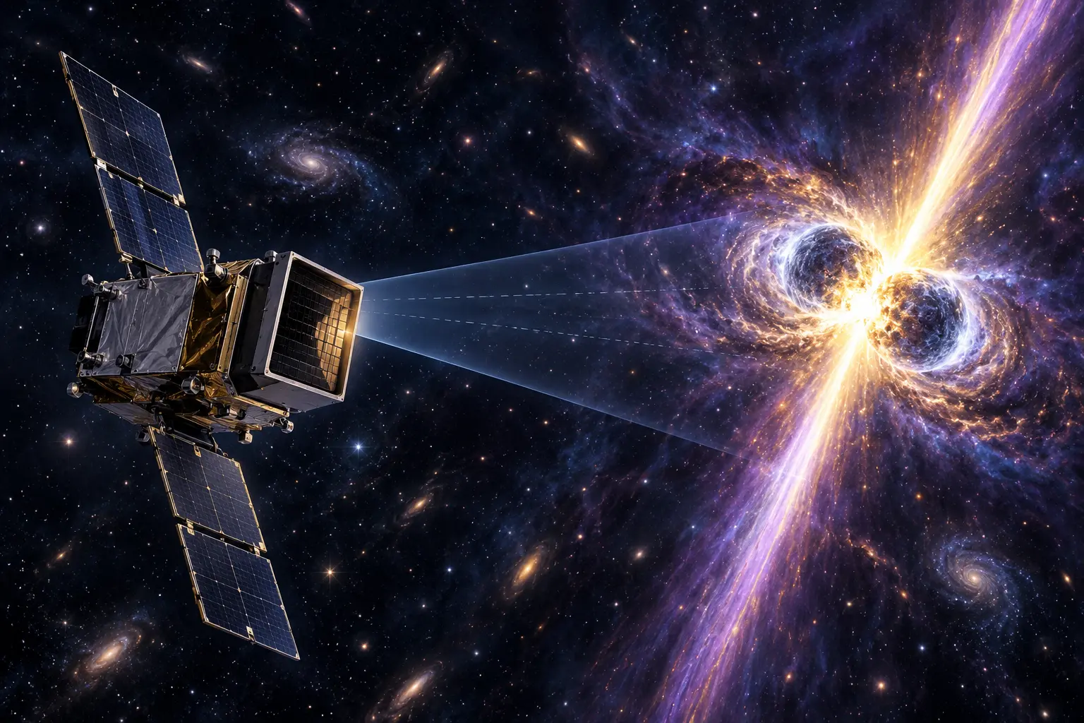 Illustration scientifique de StarBurst observant la fusion de deux étoiles à neutrons