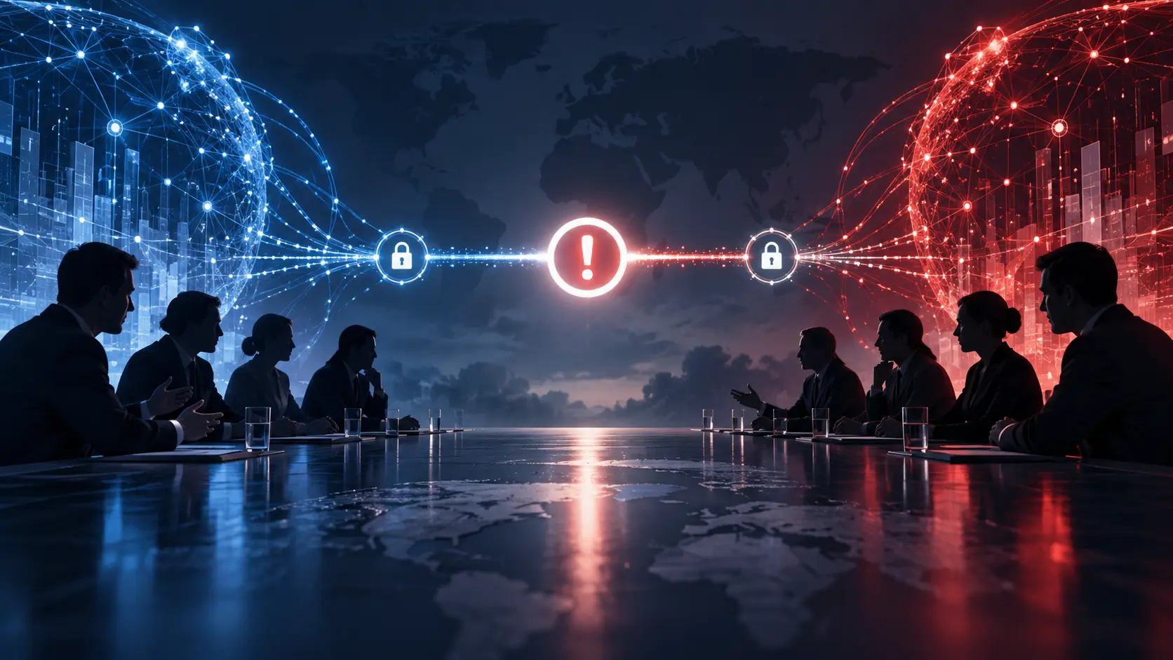 Illustration éditoriale de deux réseaux numériques reliés par un signal d’alerte sécurisé
