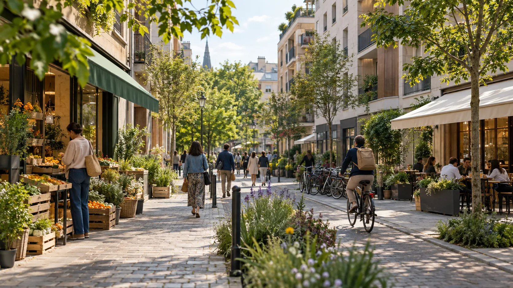 Illustration générée par IA : quartier imaginaire avec commerces, arbres, piétons et cyclistes