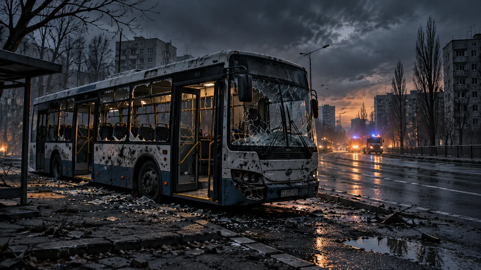 Illustration IA sobre d’un bus endommagé sur une avenue sombre, avec des lumières de secours au loin