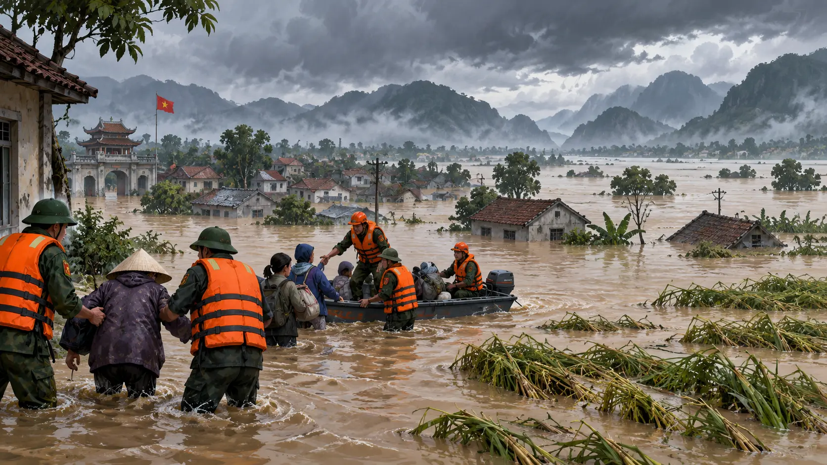 Illustration éditoriale de secouristes aidant des habitants dans une ville et des rizières inondées au Vietnam