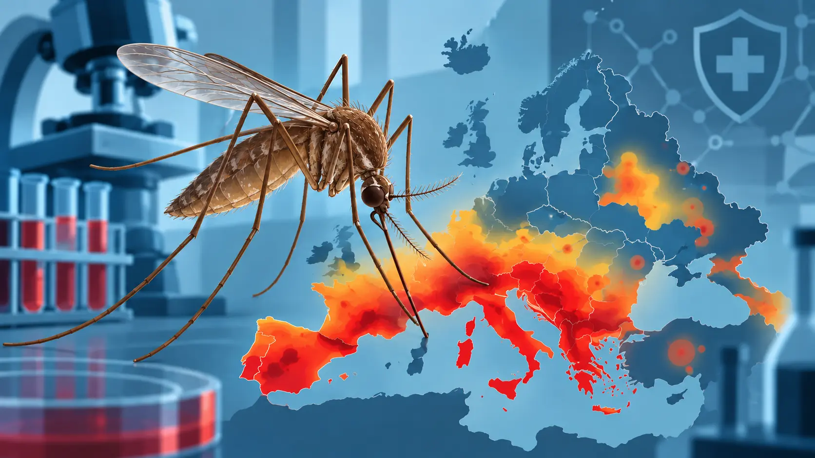 Illustration éditoriale d’un moustique Culex au-dessus d’une carte thermique stylisée de l’Europe