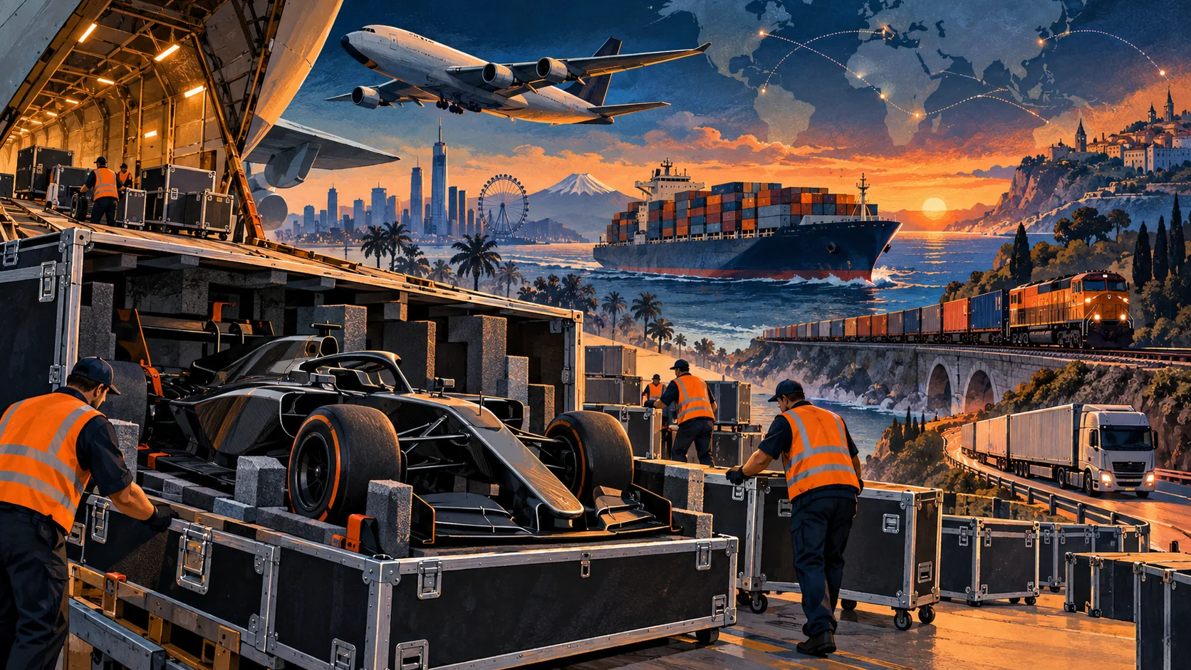 Illustration IA symbolique : une monoplace en caisse, des manutentionnaires, un avion cargo, un bateau, un train et un camion.