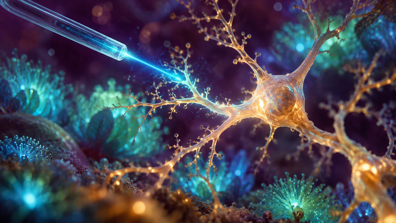 Illustration IA conceptuelle : lumière bleue au contact de cellules nerveuses stylisées.