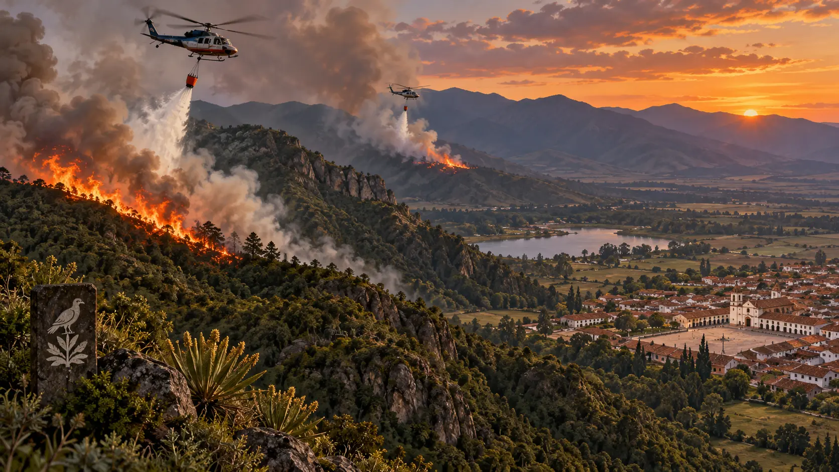 Illustration éditoriale de deux fronts d’incendie en montagne près de Villa de Leyva, avec des hélicoptères larguant de l’eau