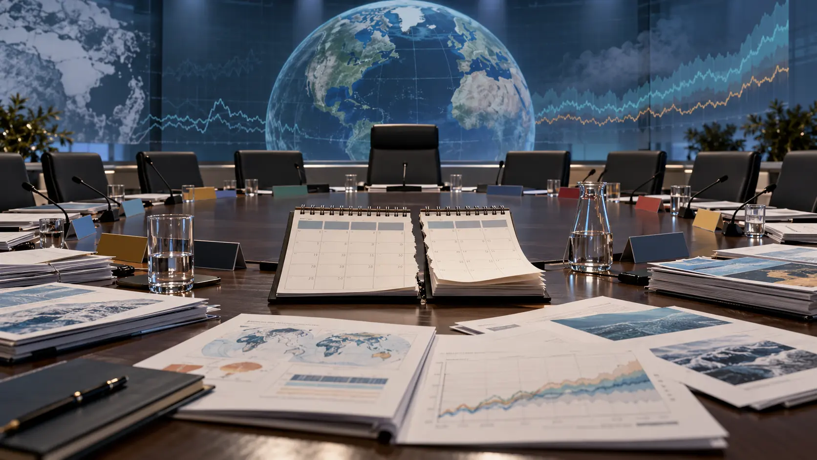 Illustration IA d’une table de conférence climatique vide avec un calendrier scindé et un globe en arrière-plan