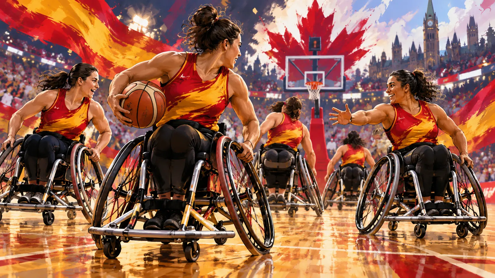 Illustration éditoriale d'un match féminin de basket en fauteuil roulant sous les couleurs de l'Espagne.