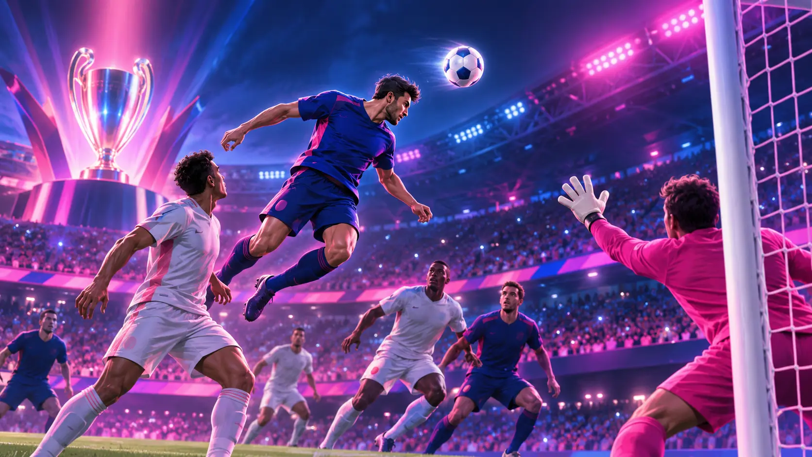 Illustration générique d’un joueur reprenant le ballon de la tête devant un trophée dans un stade rose et bleu
