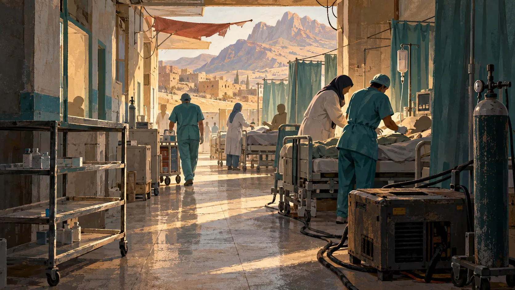 Illustration IA de soignants dans un hôpital yéménite fragile ouvert sur un paysage montagneux