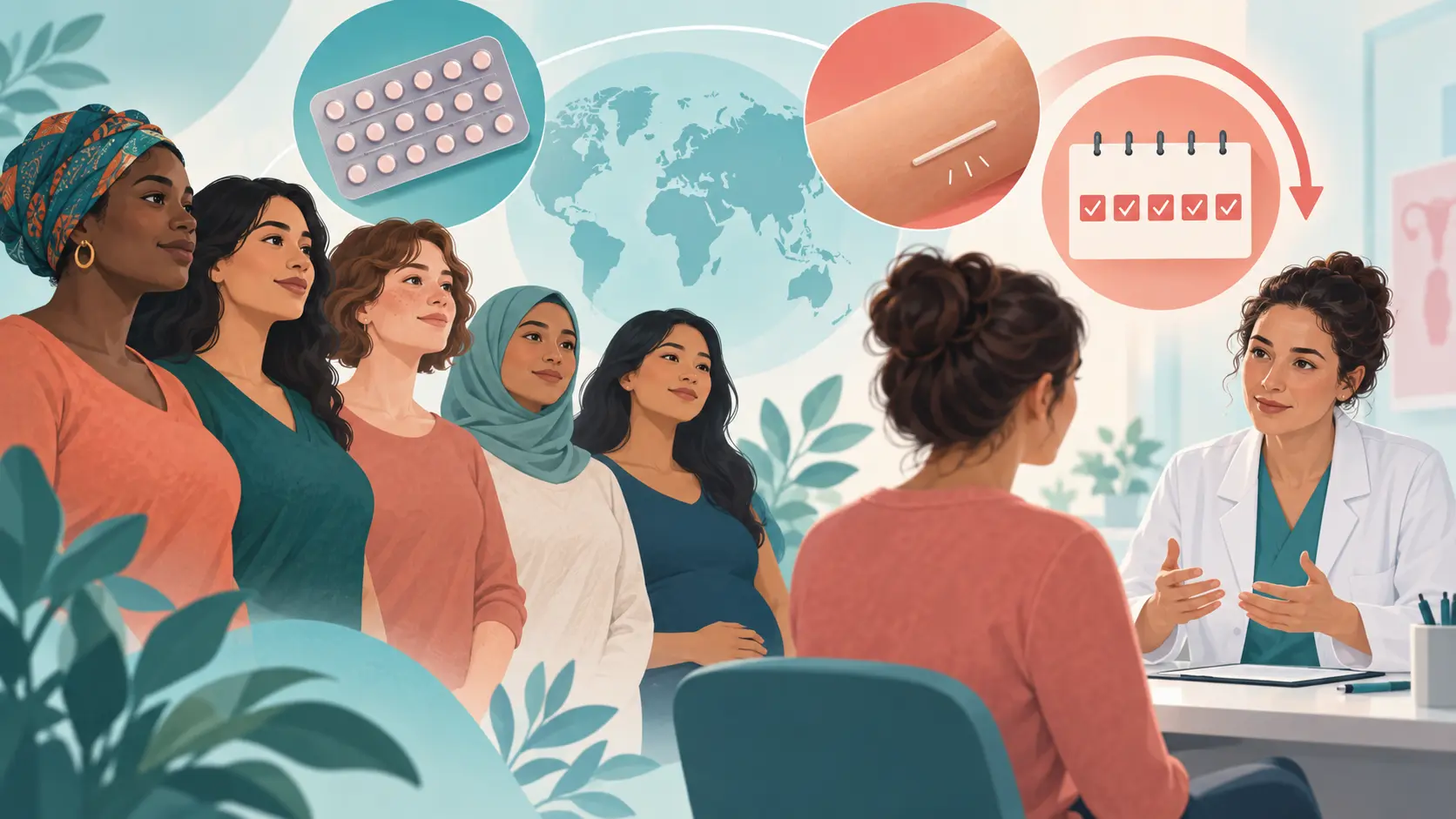 Illustration IA montrant une consultation médicale et plusieurs options contraceptives