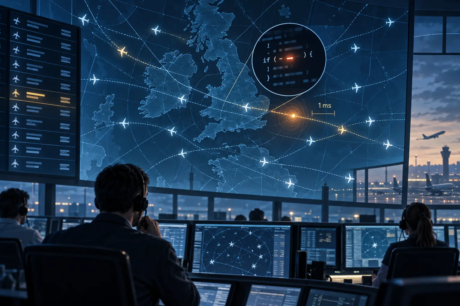 Illustration d’un centre de contrôle aérien britannique visualisant une brève corruption de données