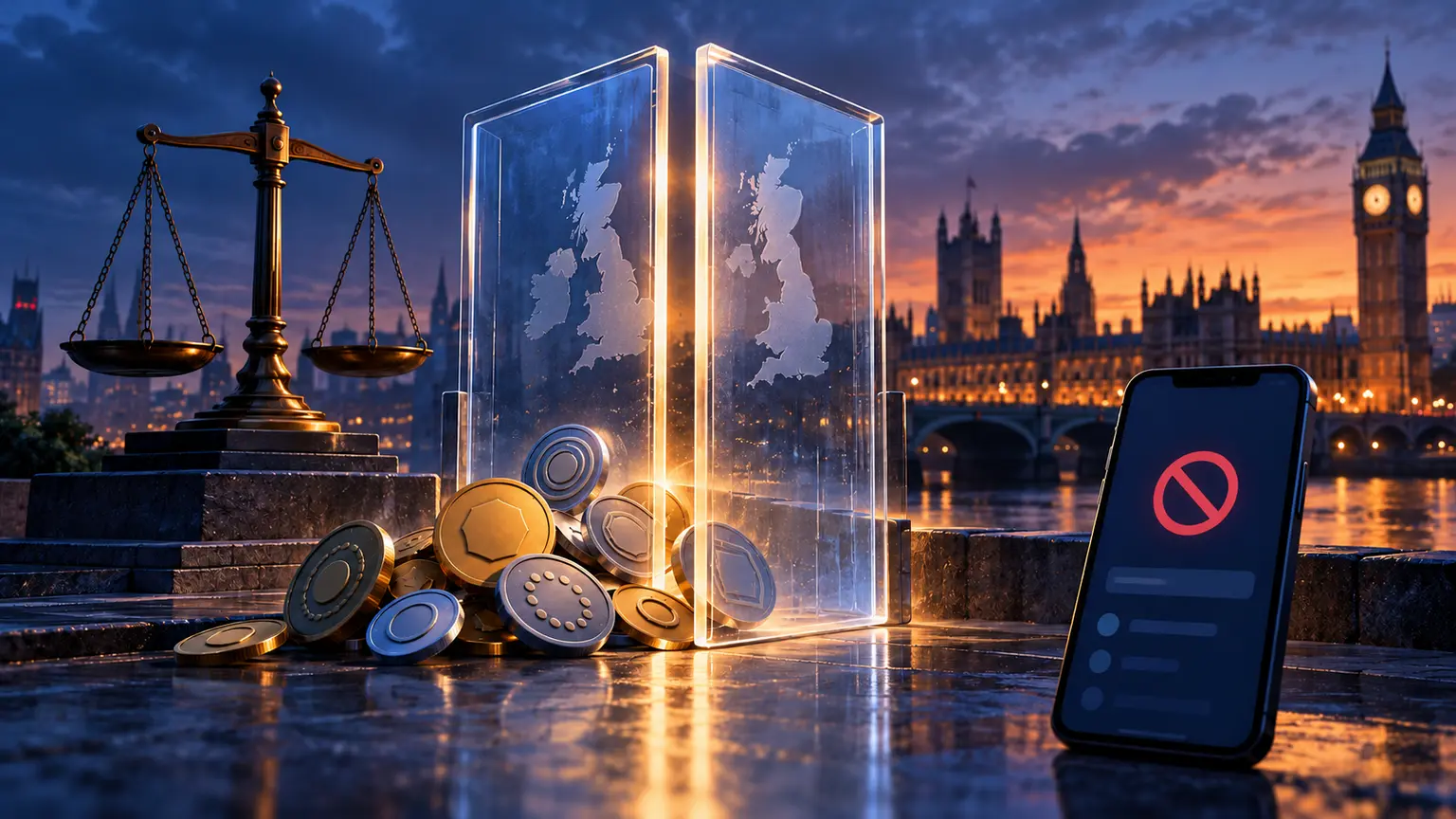 Illustration générée par IA : une porte numérique se referme sur des jetons abstraits devant Londres, avec une balance réglementaire et un téléphone indisponible.