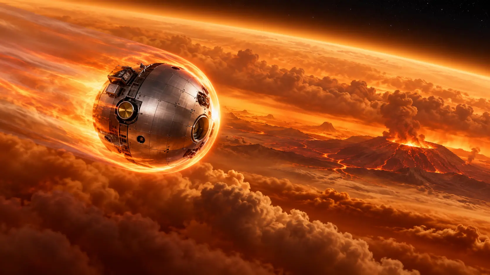 Illustration d'une capsule scientifique descendant dans l'atmosphère brûlante de Vénus