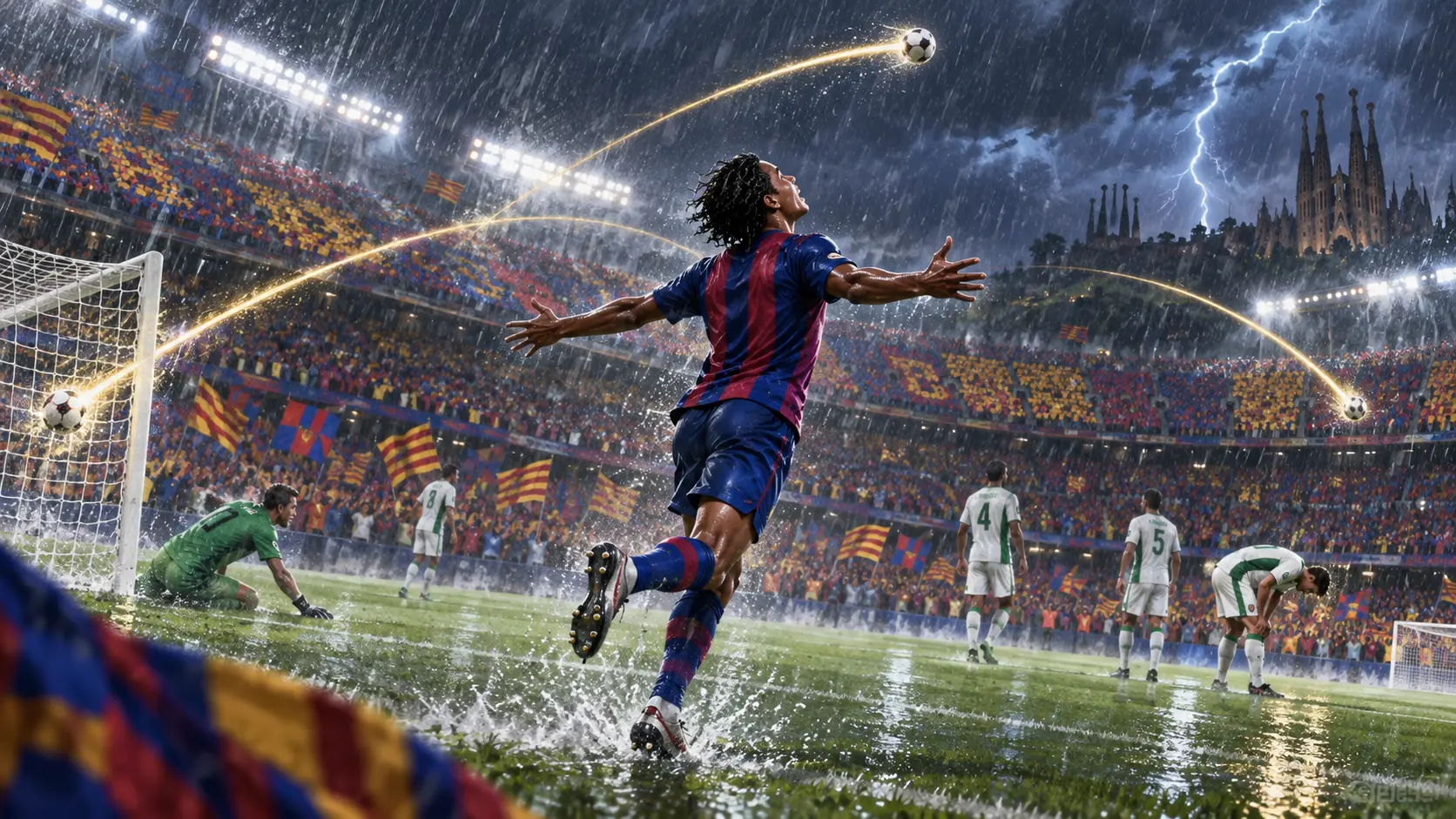Illustration éditoriale d’un match de football nocturne sous une pluie intense, avec un joueur anonyme en bleu et grenat