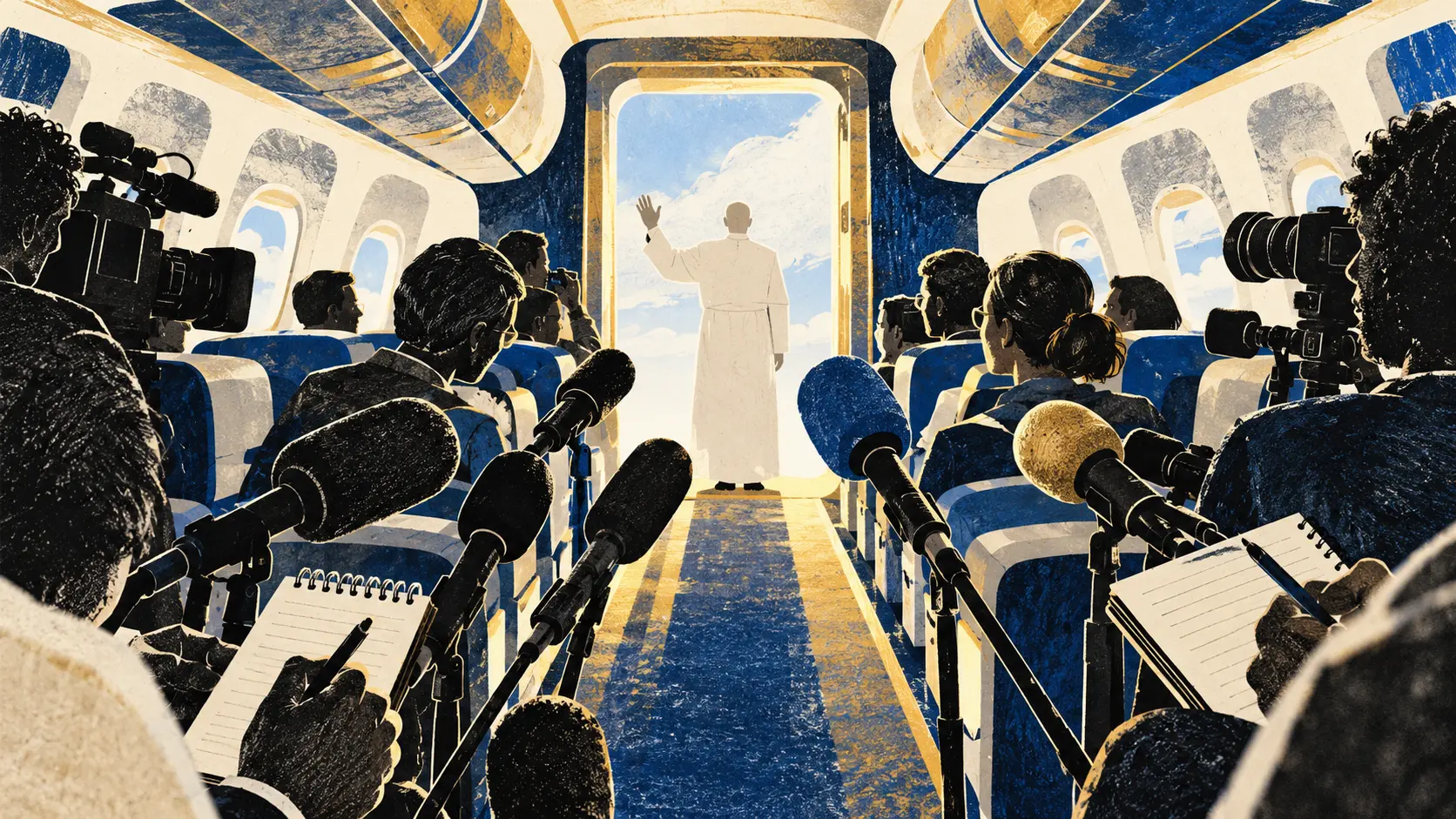Illustration IA de journalistes et de microphones accueillis dans l’allée d’un avion