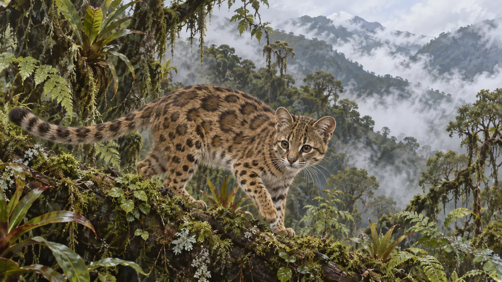 Illustration IA d’un petit tilcayo tacheté dans la forêt nuageuse des Yungas