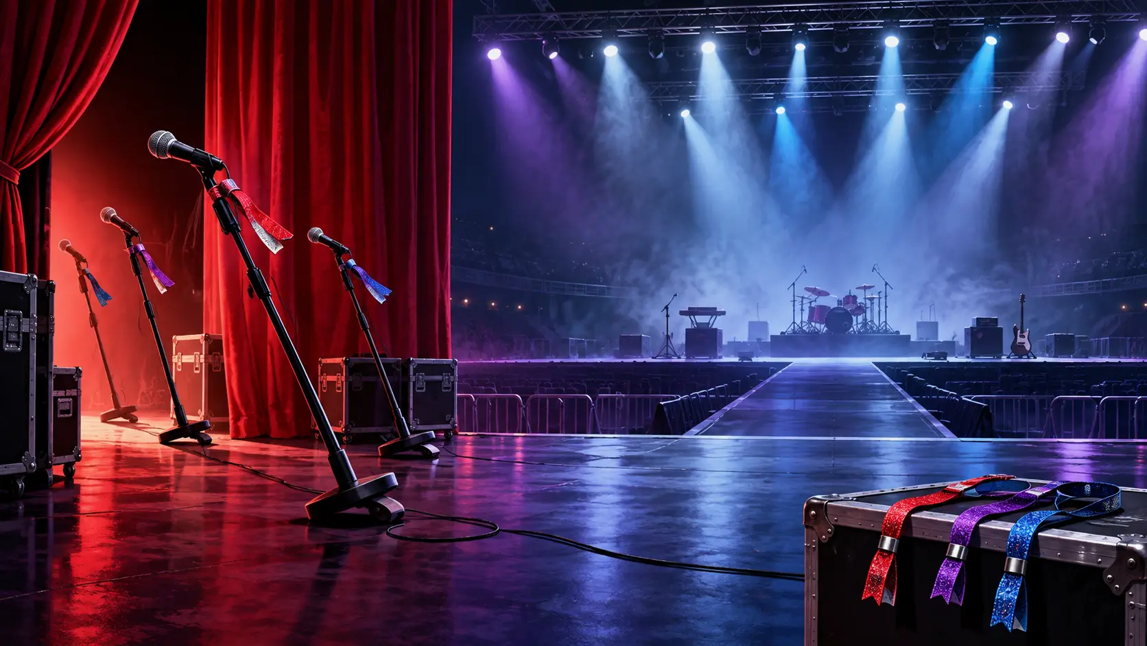 Illustration IA d’une scène de concert vide avec plusieurs micros quittant symboliquement le plateau
