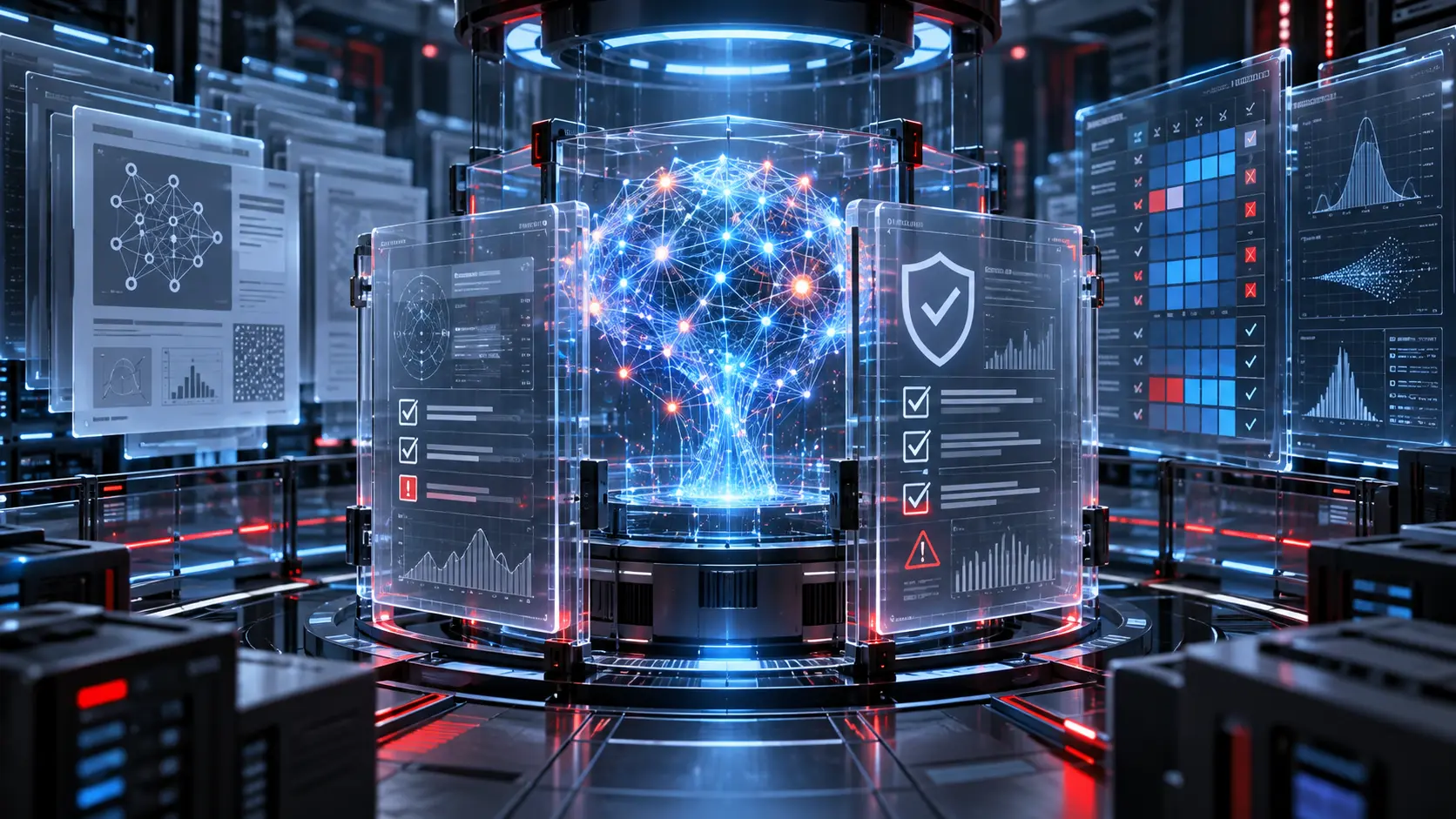 Illustration IA d’un cœur informatique entouré de panneaux de contrôle de sécurité