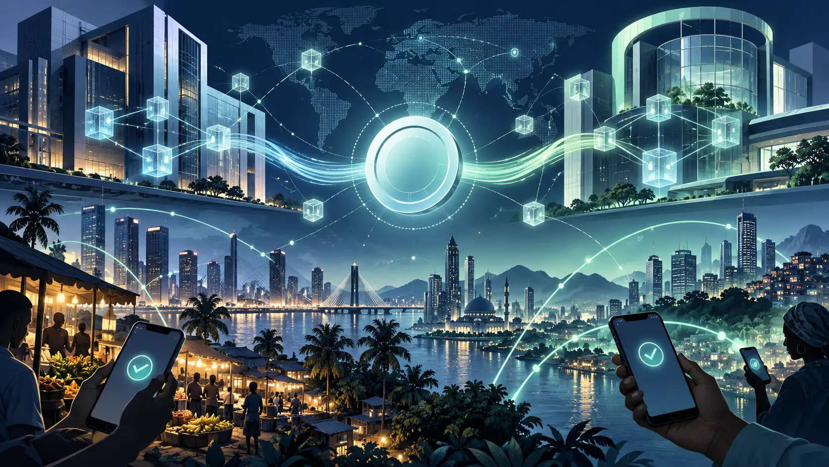 Illustration IA de réseaux financiers numériques reliant des villes et des paiements mobiles