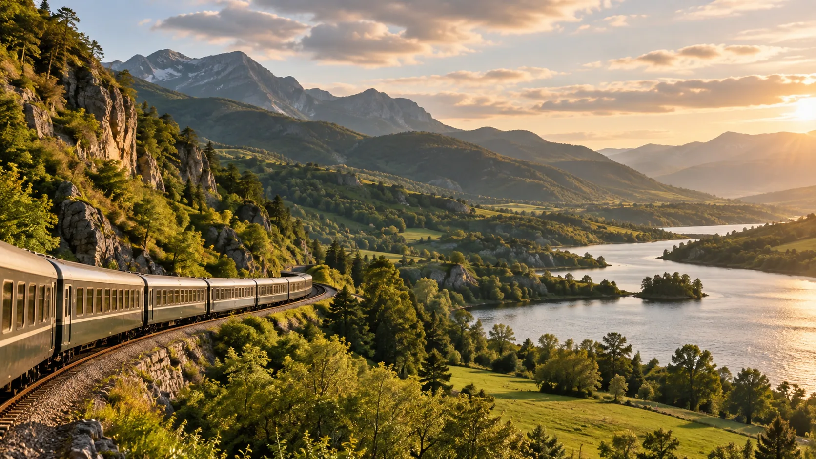 Illustration générée par IA : train imaginaire traversant un paysage de vallée verdoyante