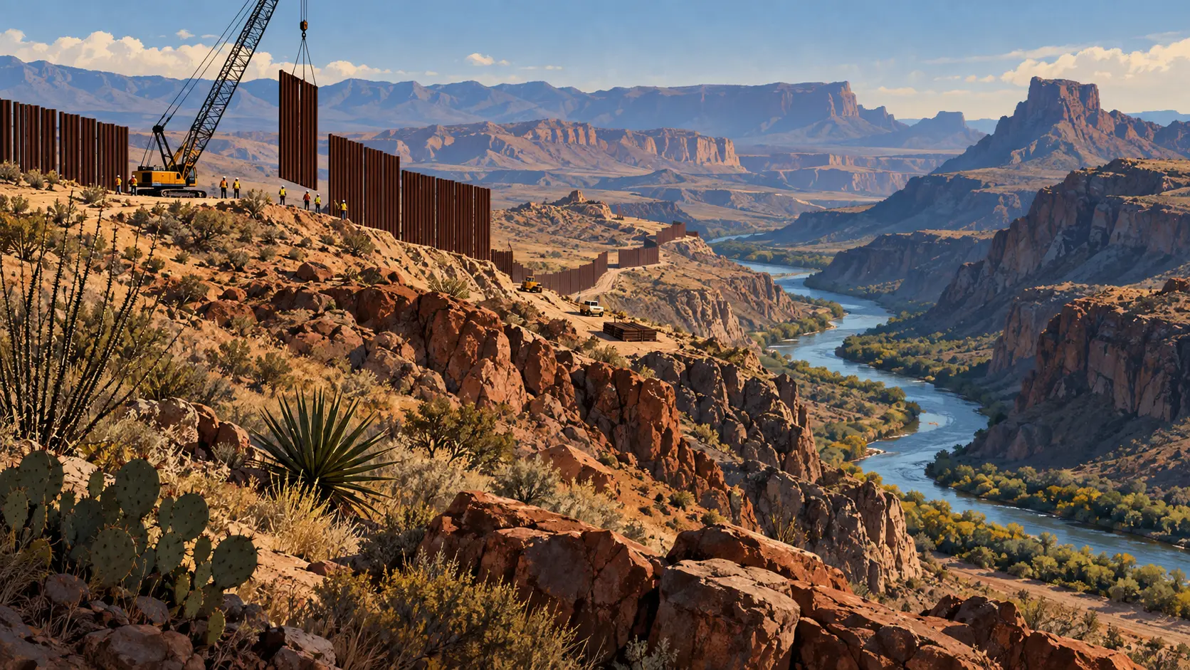 Illustration IA d'un chantier de barrière frontalière dans le paysage désertique de Big Bend